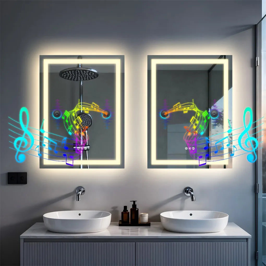 Borwart Anti Fog Led Mirror Tempered Glass Bathroom Dual Speaker