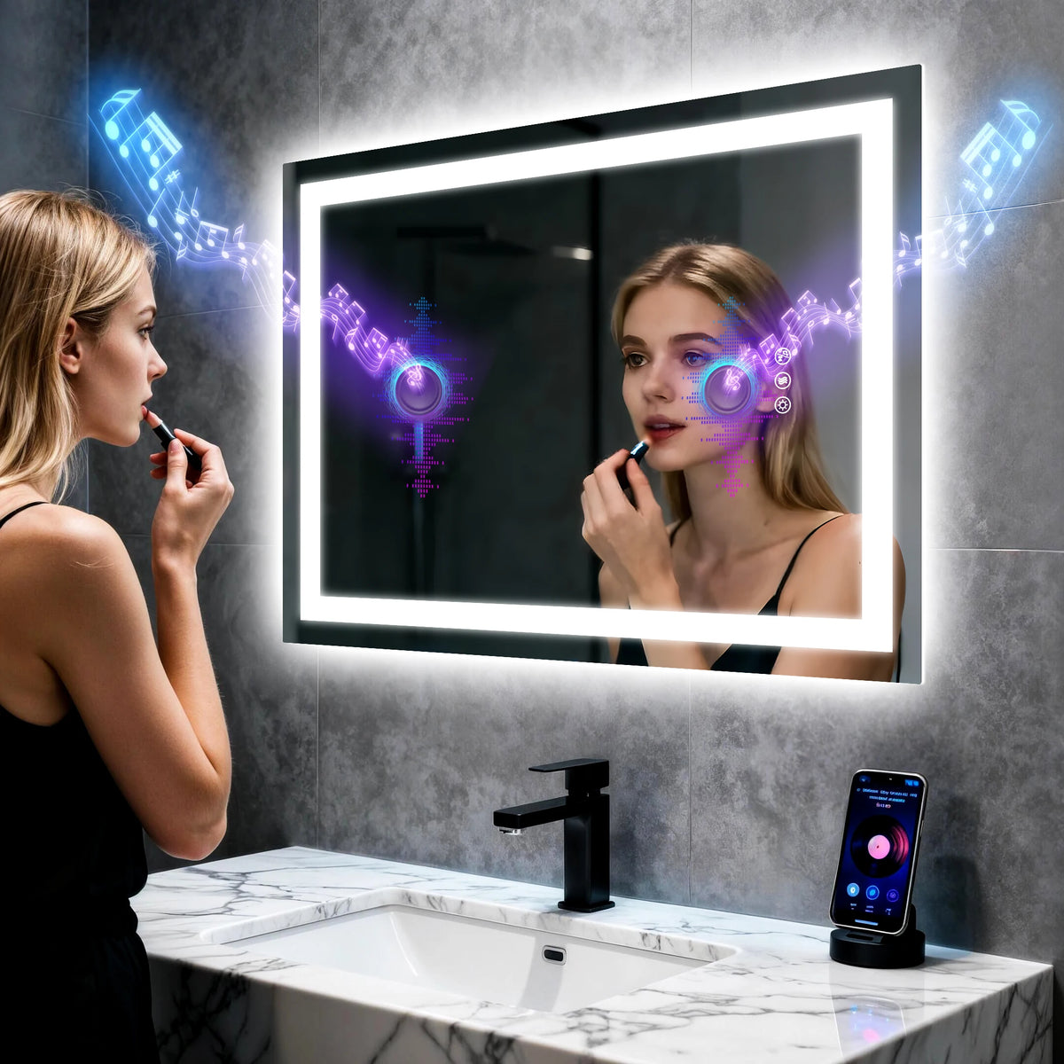 Borwart Anti Fog Led Mirror Tempered Glass Bathroom Dual Speaker