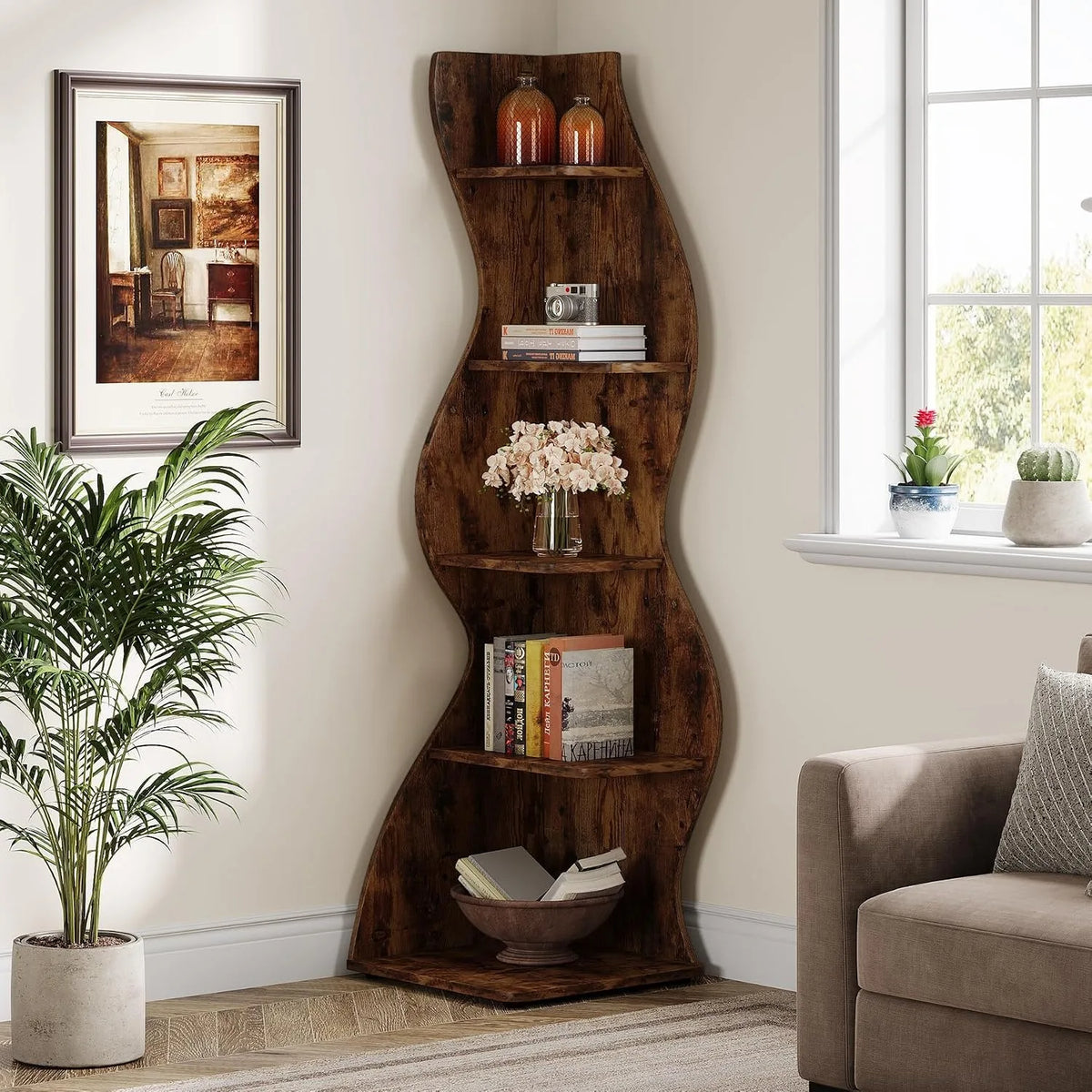 Modern Wavy Corner Shelf And Curved Display Bookcase