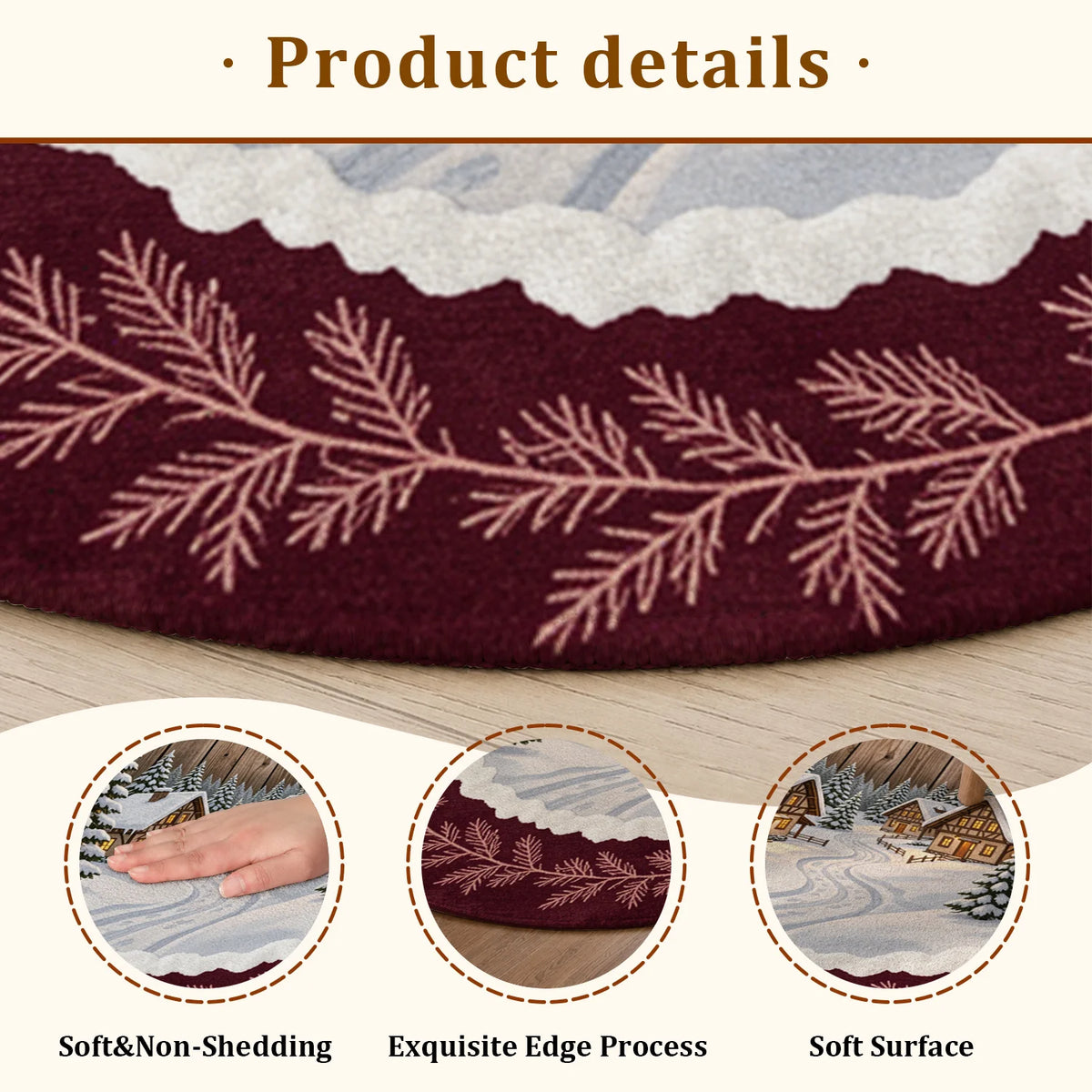 Round Winter Pine Branch Velvet Rug Machine Washable Plush Design