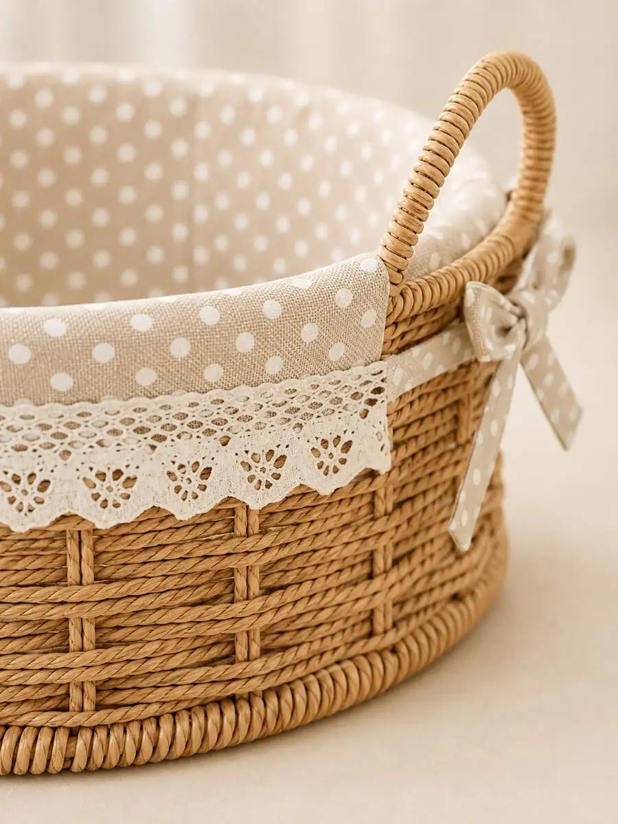 Natural Woven Wicker Basket With Lace Liner And Double Handles