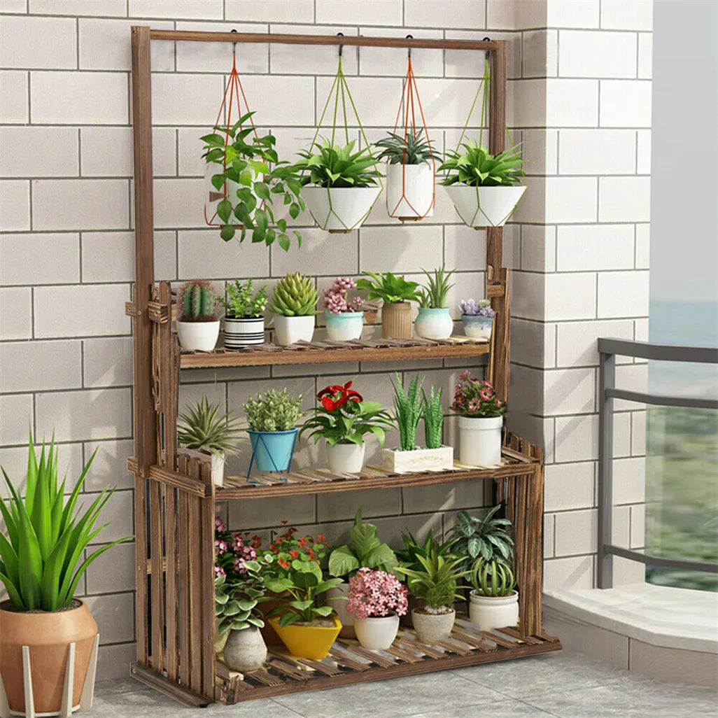 Multi Tier Wooden Hanging Plant Stand For Indoor And Outdoor