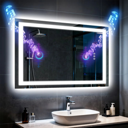 Borwart Anti Fog Led Mirror Tempered Glass Bathroom Dual Speaker