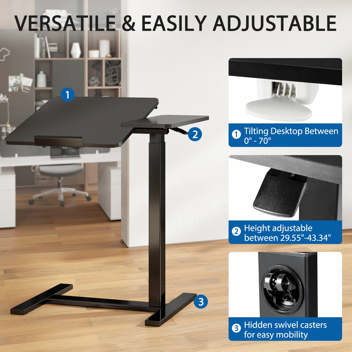 JHK Adjustable Height Overbed Flip Desk With Tilt Top