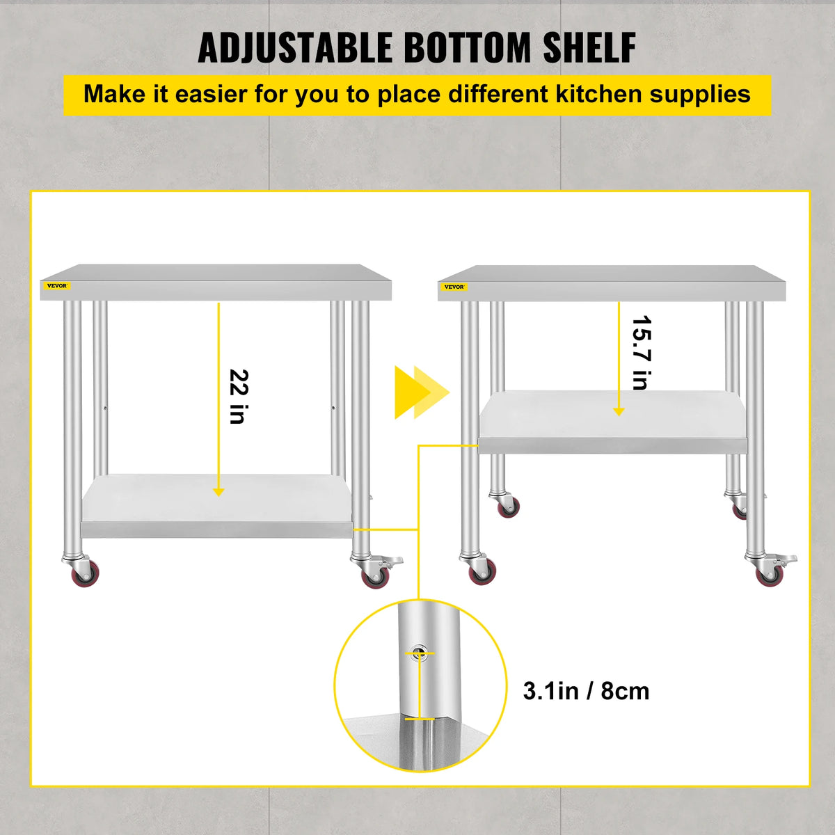 SucceBuy Stainless Steel Kitchen Prep Table With Casters And Rack