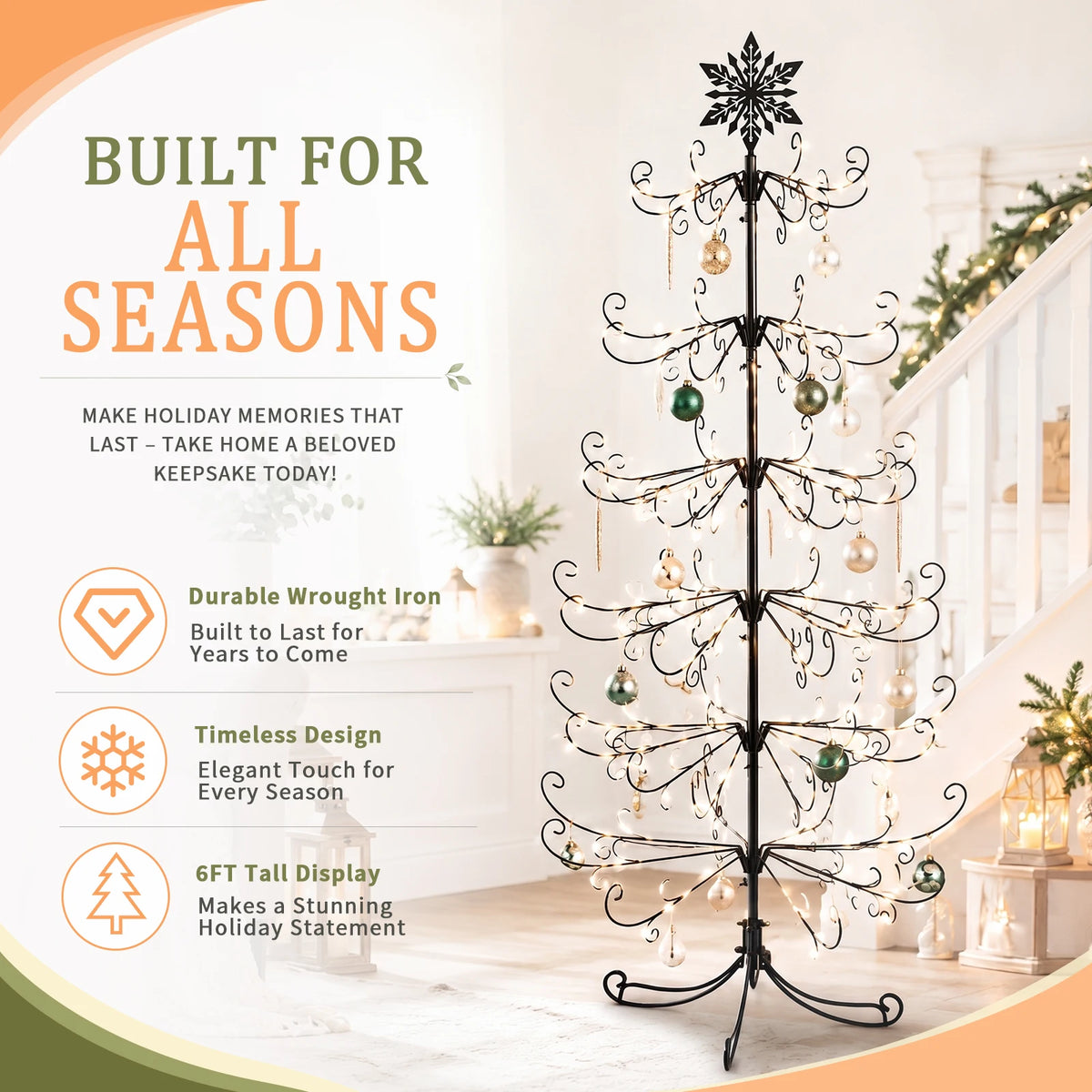Wrought Iron Christmas Tree With Snowflake Top Display Ornament