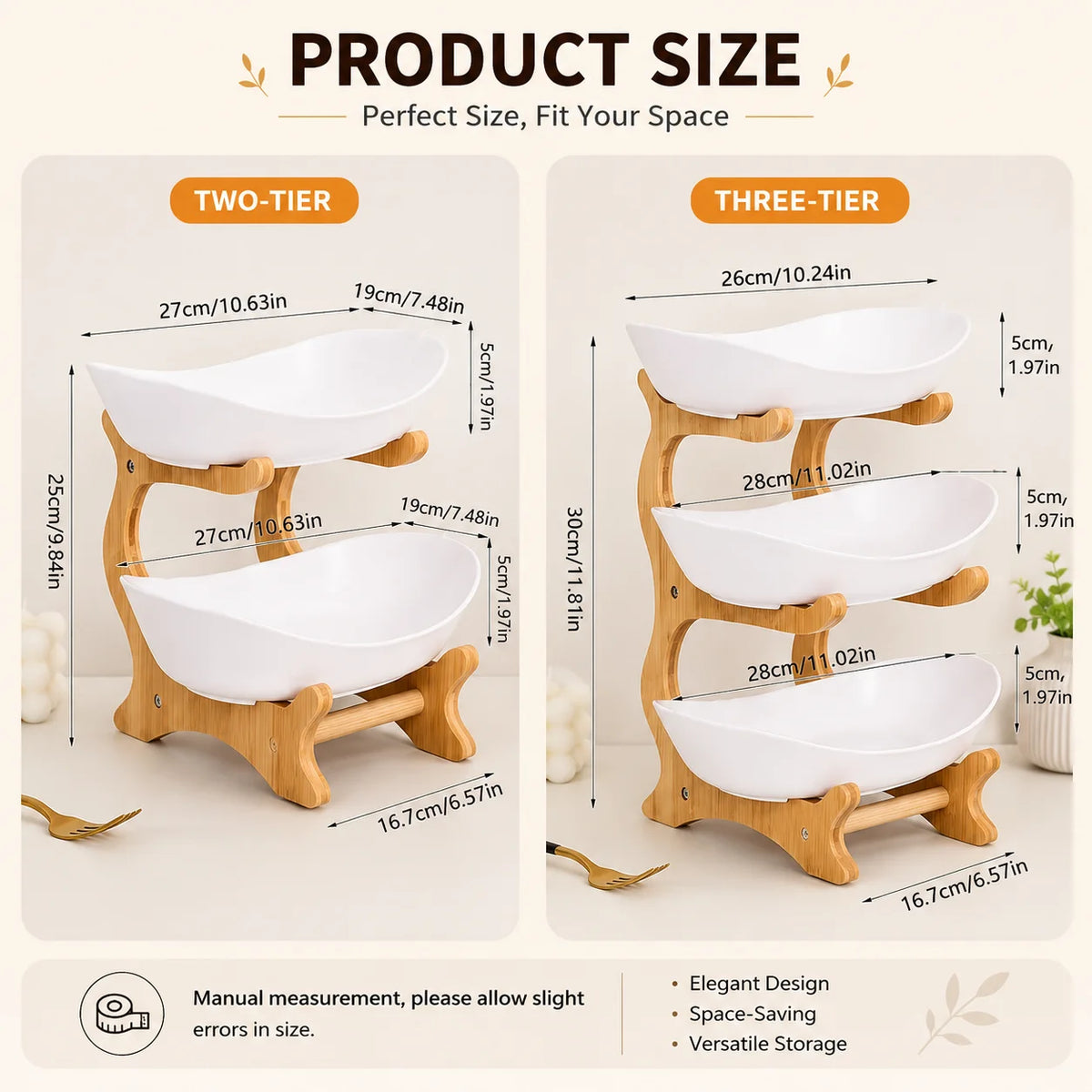 Multi Tier Plastic Fruit Bowl With Bamboo Frame Kitchen Stand